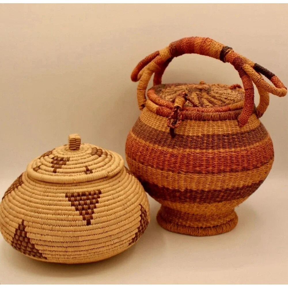 Set Of 2 Authentic Handwoven African Baskets: Zulu Beer Basket & Lidded Storage⁠
